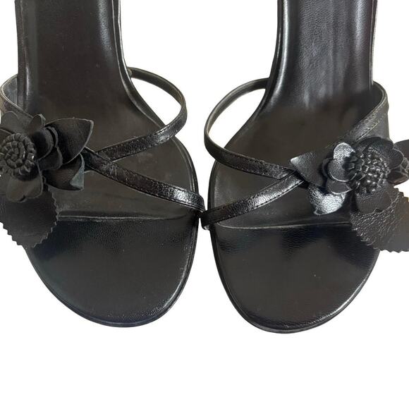 Y2K VTG. RARE NINE WEST BLACK LEATHER ANKLE STRAP FLOWER HEELS SZ. 6- 6.5 - Picture 5 of 8